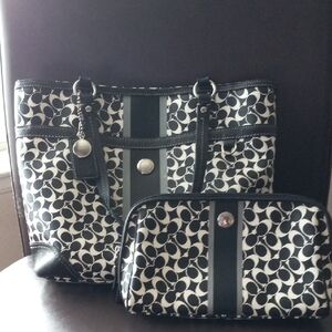 Coach Black and White Signature Tote with Matching Cosmetic Case